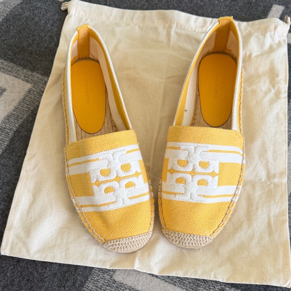Tory Burch Yellow and White Canvas Logo Espadrilles